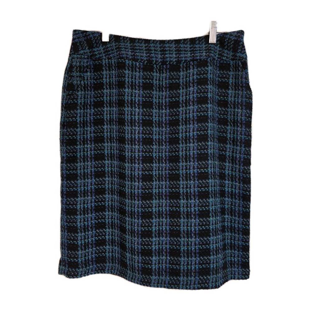 Notations Blue Green Tweed Plaid Pencil Skirt Size 12‎ Textured Lined Pockets